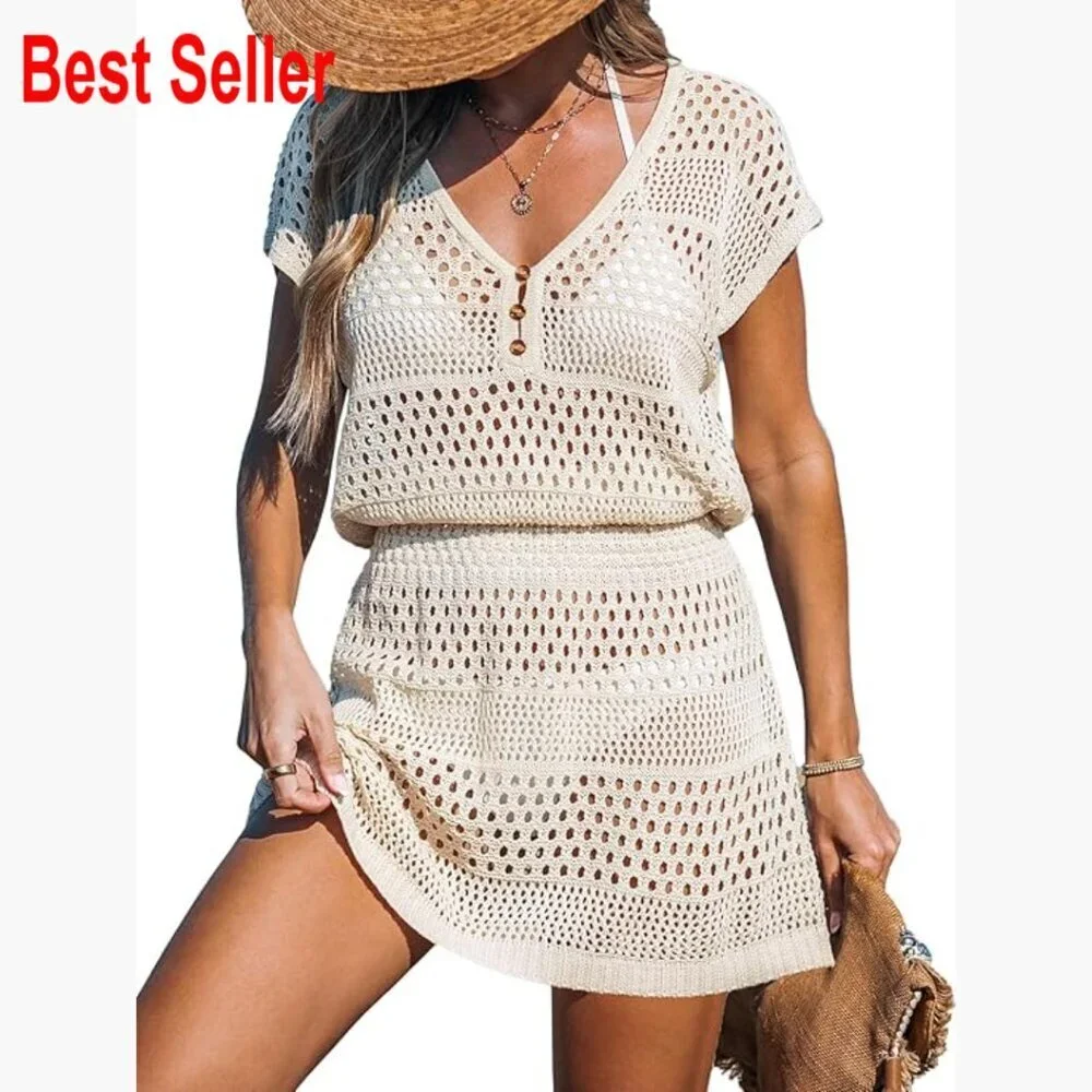 Crochet Hollow Out Short Sleeve Beach Coverup Dress